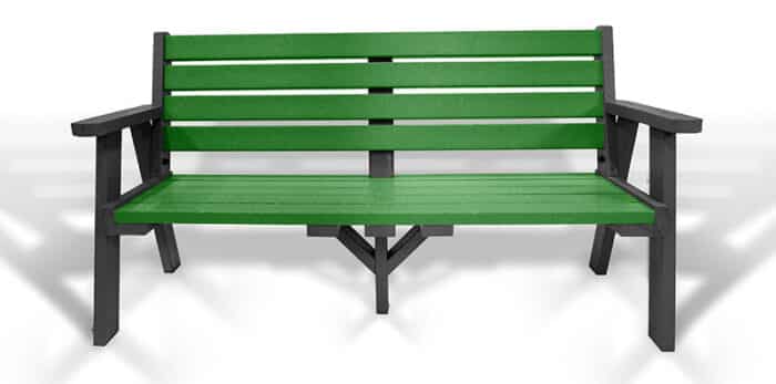 The classic recycled plastic Ilkley bench with arms, with a black frame and green slats.