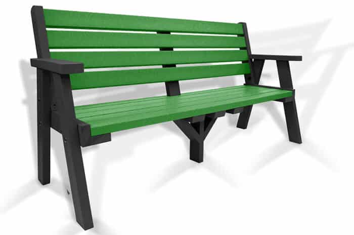 The classic recycled plastic Ilkley bench with arms, with a black frame and green slats.