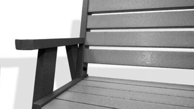 The classic recycled plastic Ilkley bench with arms, with a black frame and grey slats.