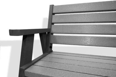 The classic recycled plastic Ilkley bench with arms, with a black frame and grey slats.