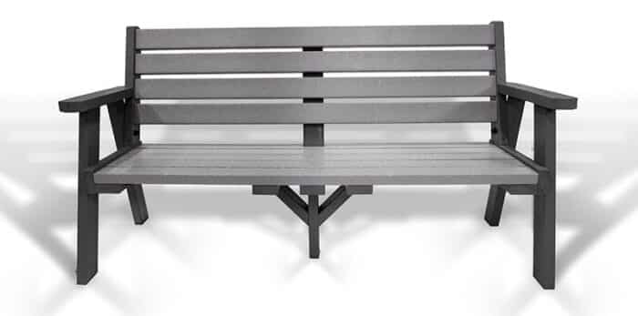 The classic recycled plastic Ilkley bench with arms, with a black frame and grey slats.