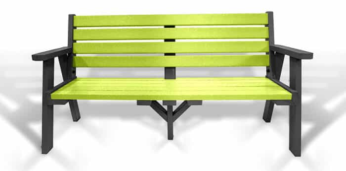 The classic recycled plastic Ilkley bench with arms, with a black frame and lime slats.