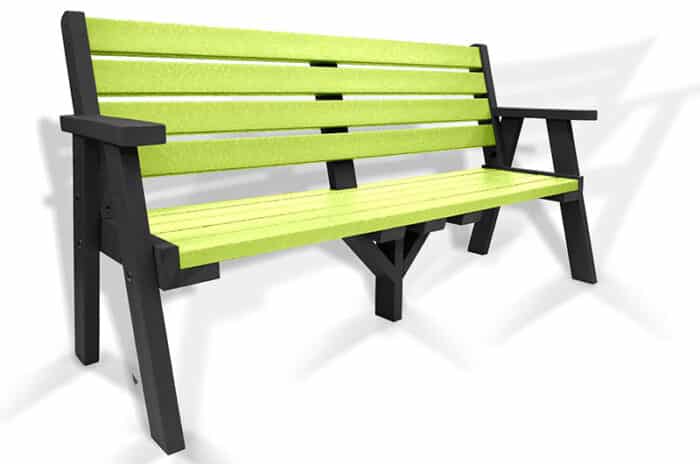 The classic recycled plastic Ilkley bench with arms, with a black frame and lime slats.