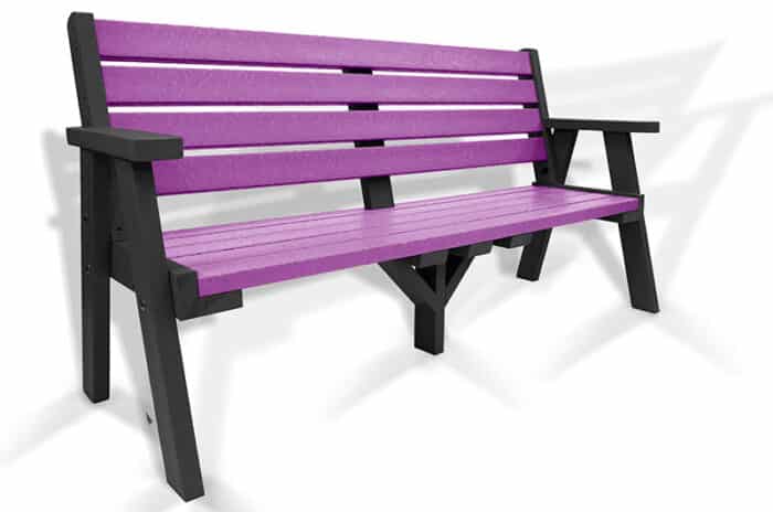 The classic recycled plastic Ilkley bench with arms, with a black frame and purple slats.