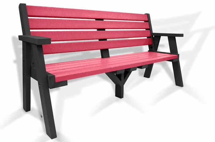 The classic recycled plastic Ilkley bench with arms, with a black frame and red slats.