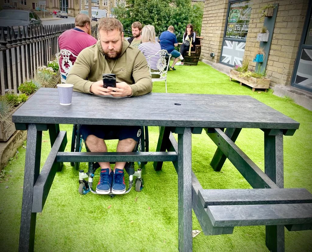 The Bradshaw wheelchair accessible recycled picnic table is now also available with a double cut-out so two wheelchair users can use it at the same time. The Bradshaw wheelchair accessible recycled picnic table is now also available with a double cut-out so two wheelchair users can use it at the same time.