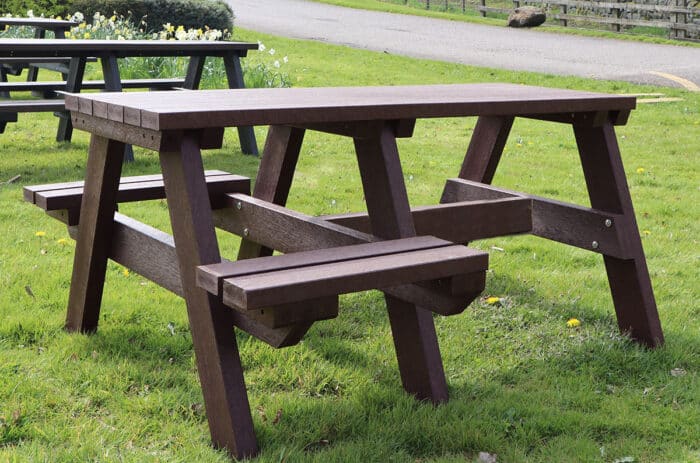 The Bradshaw wheelchair accessible recycled picnic table is now also available with a double cut-out so two wheelchair users can use it at the same time.