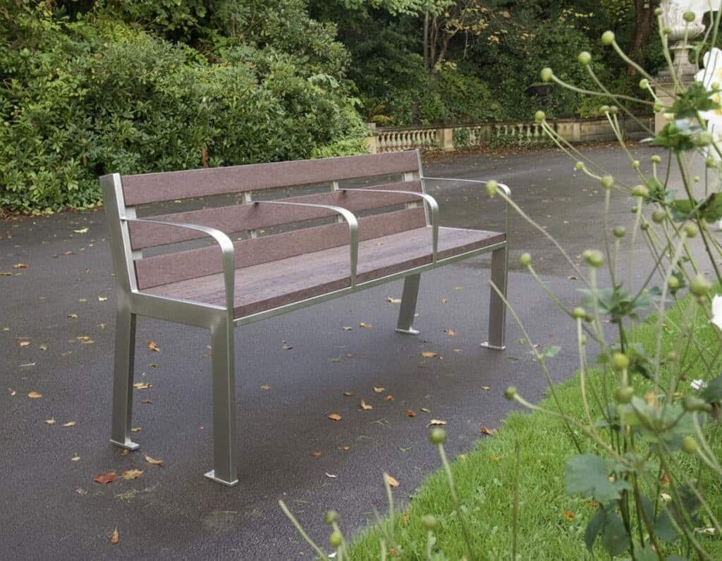 The Loxley steel and recycled plastic bench is especially designed for users with slightly restricted mobility. It has additional armrests to help when transitioning from sitting to standing and the seat is 100mm higher than standard benches at 550mm, rather than 450mm.