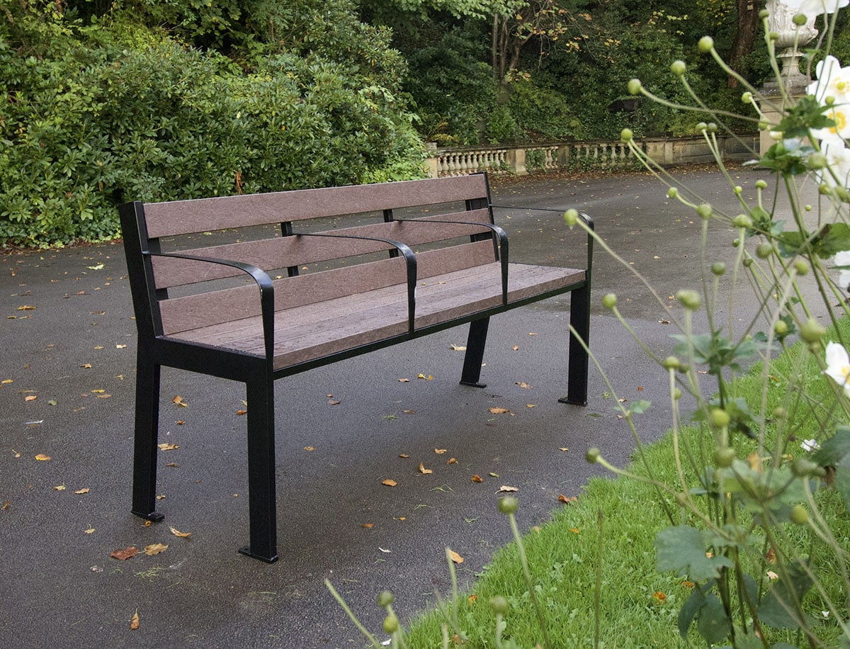 The Loxley reduced mobility steel and recycled plastic bench with mulitple armrests, back and extra 100mm height