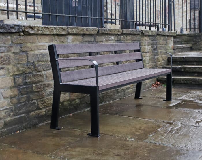 The York steel and recycled plastic bench with armrests and back