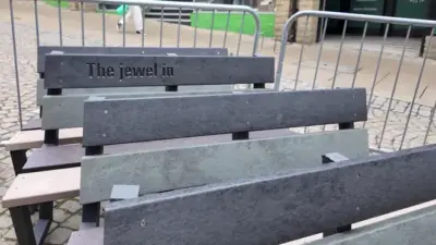 Benches with engraved text. British Recycled Plastic displayed outdoors.