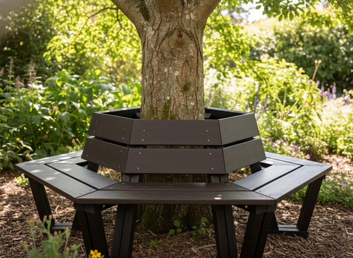 RSBP Sherwood Forest site manager sitting on recycled plastic Calder picnic tables with wheelchair accessibility, purchased to create an inclusive environment and increase footfall by catering to a wider and more diverse audience.