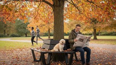 Man reading newspaper under autumn tree on a calverly tree bench