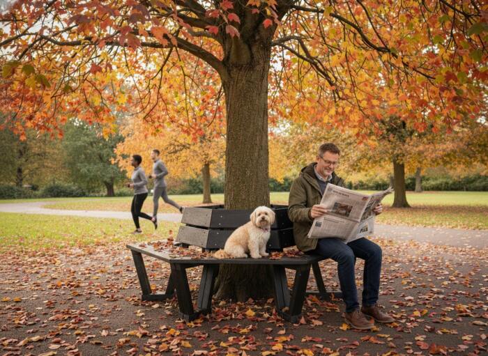 Tree-bench-Calverly-man-newspaper-park-autumn-01 (1) Man reading newspaper under autumn tree on a calverly tree bench
