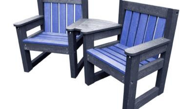 Queensbury Black and Blue small garden chair set for small space outdoor seating set made from recycled plastic, featuring two durable brown chairs with a connecting corner table, designed for gardens, care homes, cafes, and small outdoor spaces.