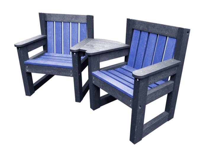 Queensbury Small Blk/Col Product Image Queensbury Black and Blue small garden chair set for small space outdoor seating set made from recycled plastic, featuring two durable brown chairs with a connecting corner table, designed for gardens, care homes, cafes, and small outdoor spaces.