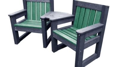 Queensbury black and green colour small garden chair set for small space outdoor seating set made from recycled plastic, featuring two durable brown chairs with a connecting corner table, designed for gardens, care homes, cafes, and small outdoor spaces.