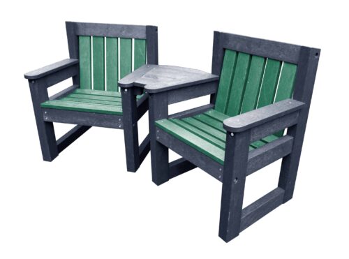 Queensbury black and green colour small garden chair set for small space outdoor seating set made from recycled plastic, featuring two durable brown chairs with a connecting corner table, designed for gardens, care homes, cafes, and small outdoor spaces.