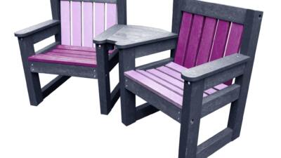 Queensbury blakc and purple recycled plastic small garden chair set for small space outdoor seating set made from recycled plastic, featuring two durable brown chairs with a connecting corner table, designed for gardens, care homes, cafes, and small outdoor spaces.