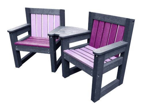 Queensbury blakc and purple recycled plastic small garden chair set for small space outdoor seating set made from recycled plastic, featuring two durable brown chairs with a connecting corner table, designed for gardens, care homes, cafes, and small outdoor spaces.