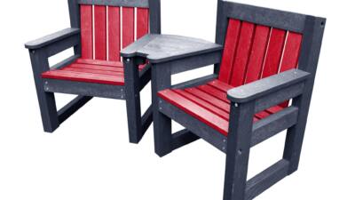 Queensbury red and black recycled plastic small garden chair set for small space outdoor seating set made from recycled plastic, featuring two durable brown chairs with a connecting corner table, designed for gardens, care homes, cafes, and small outdoor spaces.