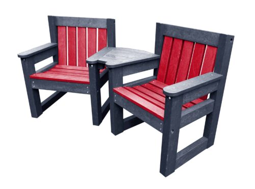 Queensbury red and black recycled plastic small garden chair set for small space outdoor seating set made from recycled plastic, featuring two durable brown chairs with a connecting corner table, designed for gardens, care homes, cafes, and small outdoor spaces.