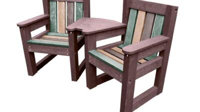 Queensbury brown and earth toned recycled plastic colours small garden chair set for small space outdoor seating set made from recycled plastic, featuring two durable brown chairs with a connecting corner table, designed for gardens, care homes, cafes, and small outdoor spaces.