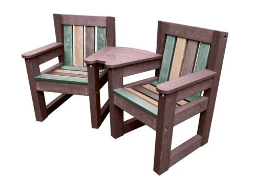 Queensbury brown and earth toned recycled plastic colours small garden chair set for small space outdoor seating set made from recycled plastic, featuring two durable brown chairs with a connecting corner table, designed for gardens, care homes, cafes, and small outdoor spaces.