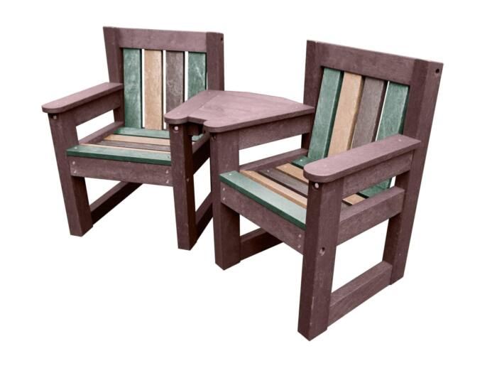 Queensbury Small Blk/Col Product Image Queensbury brown and earth toned recycled plastic colours small garden chair set for small space outdoor seating set made from recycled plastic, featuring two durable brown chairs with a connecting corner table, designed for gardens, care homes, cafes, and small outdoor spaces.
