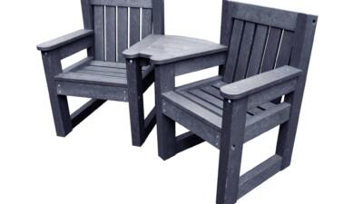 Queensbury black coloured small garden chair set for small space outdoor seating set made from recycled plastic, featuring two durable brown chairs with a connecting corner table, designed for gardens, care homes, cafes, and small outdoor spaces.