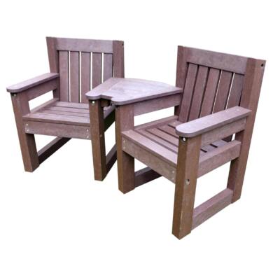 Queensbury small space outdoor seating set made from recycled plastic, featuring two durable brown chairs with a connecting corner table, designed for gardens, care homes, cafes, and small outdoor spaces.