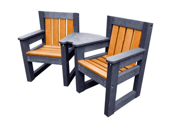 Queensbury Small Blk/Col Product Image Queensbury ornage and black small garden chair set for small space outdoor seating set made from recycled plastic, featuring two durable brown chairs with a connecting corner table, designed for gardens, care homes, cafes, and small outdoor spaces.