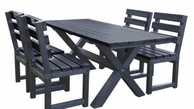 Small black Birchcliffe dining set made from weather-resistant recycled plastic, perfect for compact outdoor spaces.