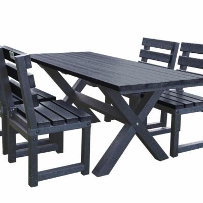 Small black Birchcliffe dining set made from weather-resistant recycled plastic, perfect for compact outdoor spaces.
