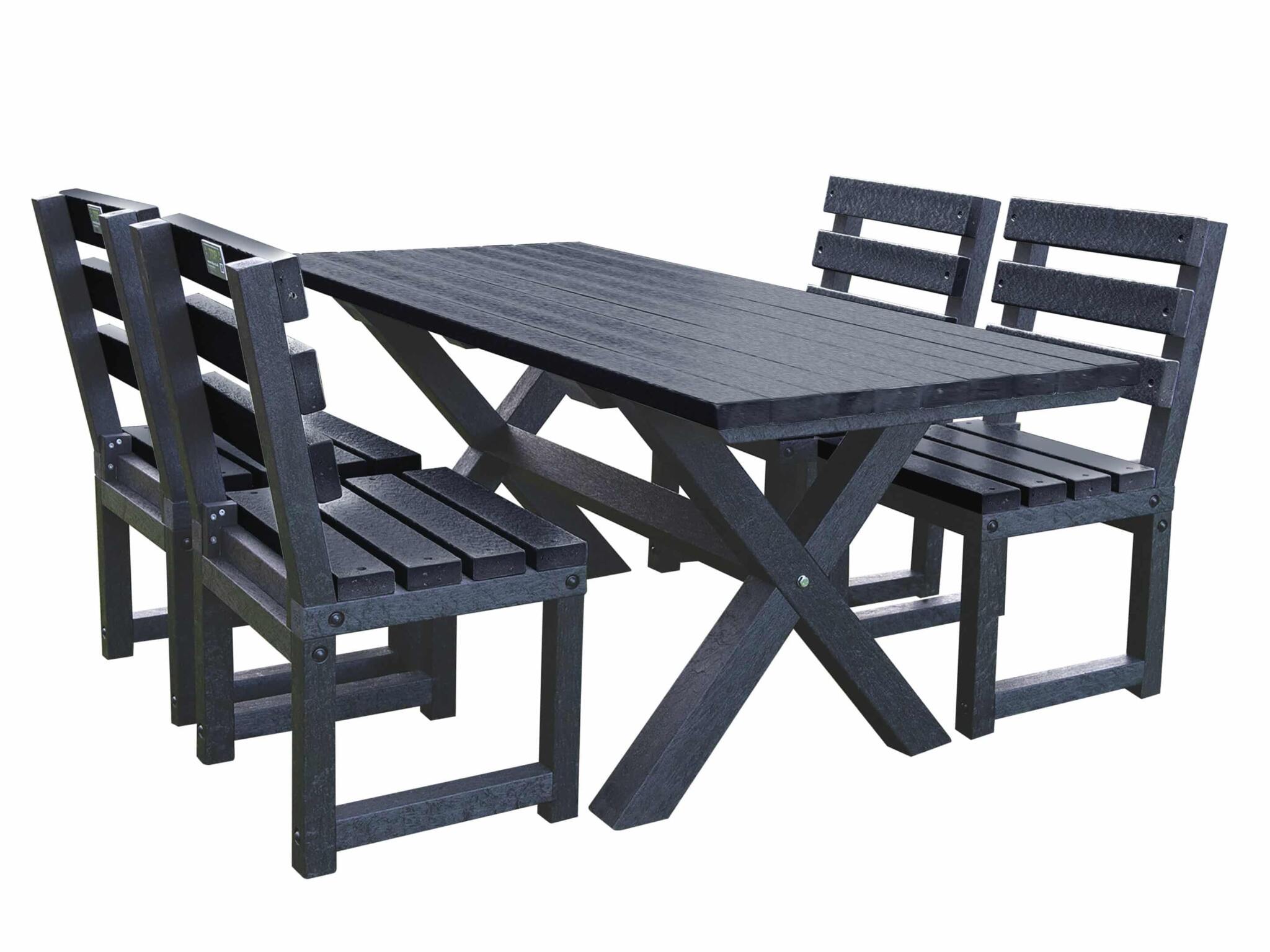 Small black Birchcliffe dining set made from weather-resistant recycled plastic, perfect for compact outdoor spaces.