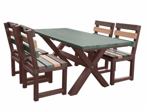 Small multicolored Birchcliffe dining set in vibrant recycled plastic, perfect for adding color to outdoor areas.