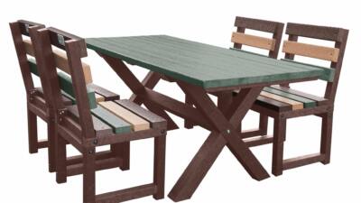 Small multicolored Birchcliffe dining set in vibrant recycled plastic, perfect for adding color to outdoor areas.