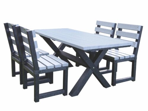 Small grey Birchcliffe dining set in weather-resistant recycled plastic, ideal for modern outdoor dining spaces.