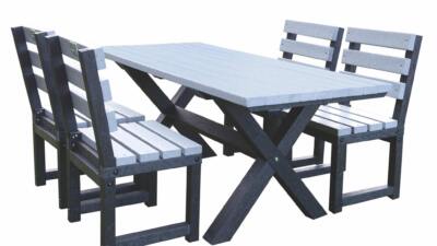 Small grey Birchcliffe dining set in weather-resistant recycled plastic, ideal for modern outdoor dining spaces.