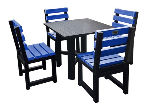 Black square garden table with four blue chairs made from recycled plastic.