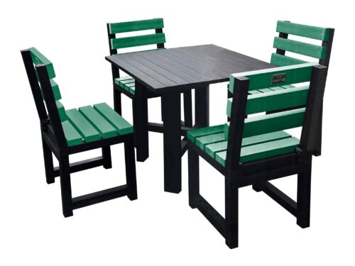 Black square garden table with four green chairs made from recycled plastic.