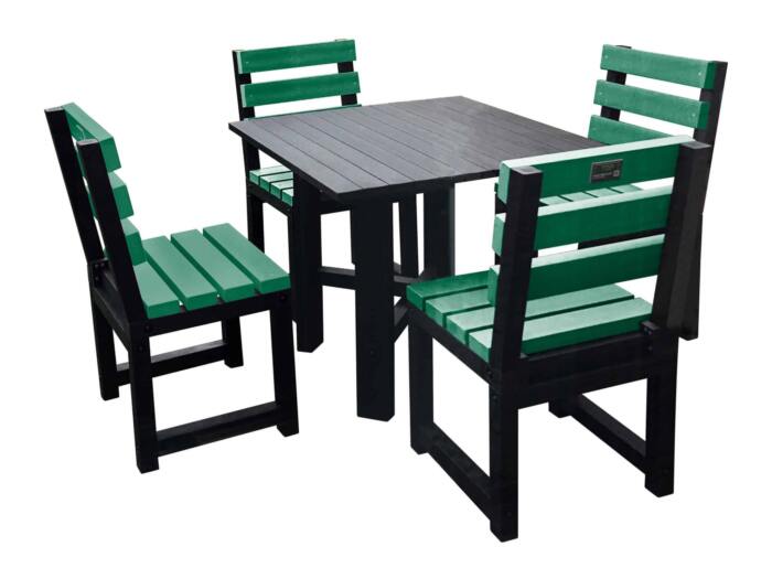 Featherstone Square Black Table with Green Chairs Black square garden table with four green chairs made from recycled plastic.