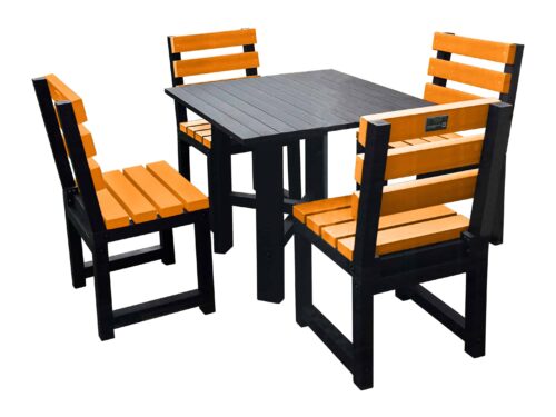 Black square garden table with four orange chairs made from recycled plastic.