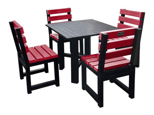 Black square garden table with four red chairs made from recycled plastic.