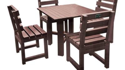 Brown square garden table with four matching brown chairs, all made from recycled plastic.
