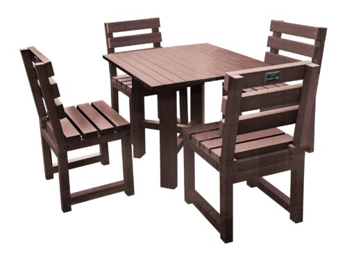 Brown square garden table with four matching brown chairs, all made from recycled plastic.