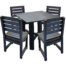 Black square garden table with matching black chairs made from recycled plastic.