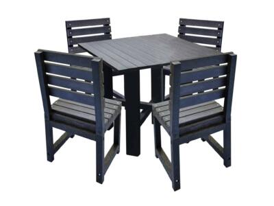 Black square garden table with matching black chairs made from recycled plastic.