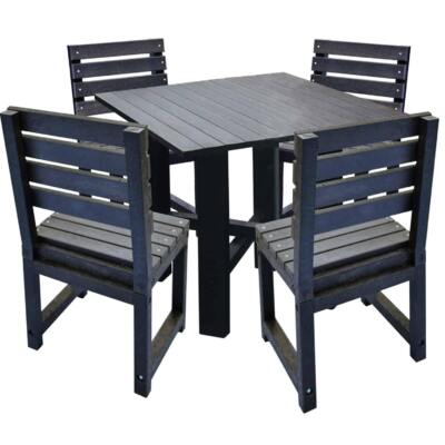 Black square garden table with matching black chairs made from recycled plastic.