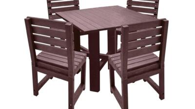 Brown square garden table with matching brown chairs made from recycled plastic.